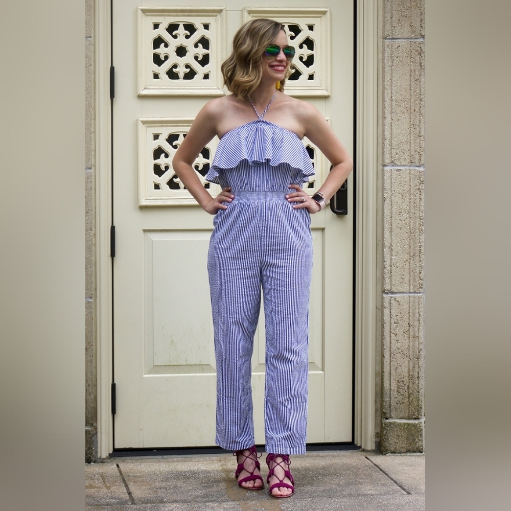 J. Crew Seersucker Striped Blue Jumpsuit Size XXS